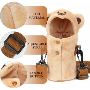 Porte-bouteille d'eau en peluche marron avec <span class=keywords><strong>double</strong></span> bouton et oreilles rondes avec bandoulière Sac à bandoulière mignon pour enfants - Product Image 3