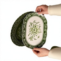 Assiettes de Dîner en Porcelaine Verte Grande Taille, Design Floral Nordique, Écologiques, Jetables, Lavables au Lave-Vaisselle, Luxe Vintage, Vente en Gros