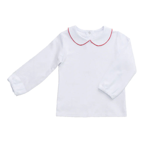 T-shirts col claudine garniture ric rac pour enfants garçons vente en gros t-shirt d'hiver en coton blanc uni brodé pour tout-petits bébés garçons - Product Image 3