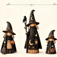 Ensemble de figurines de sorcières en bois vieilli style vintage, décoration de table rustique pour Halloween, modèle imprimé plat XM1270