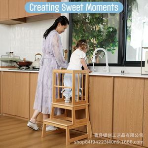 Wooden Childrens Step Stool With Handrail For Kitchen <b>Learning</b> <b>Tower</b> <b>Montessori</b> Design - Product Image 2