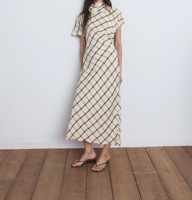 Robe longue d'été pour femme à carreaux diagonaux, taille froncée, manches courtes, col rond, décontractée et élégante, vente en gros