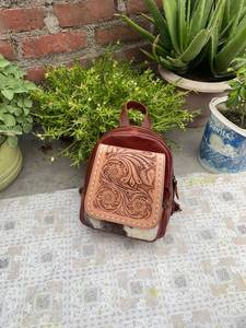 Handmade Genuine Leather & Cowhide Hair-on Mini <b>Backpack</b> with Hand-Tooled Floral Flap - Product Image 3