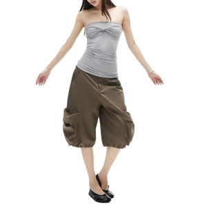 Wholesale Custom Logo <strong>Women</strong> Oversized <strong>Knee</strong> <strong>Length</strong> <strong>Cargo</strong> <strong>Shorts</strong> Big Flap Side Pockets Adjustable Drawstring Hem Wide Leg <strong>Shorts</strong> - Product Image 3
