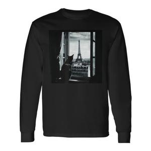 T-shirt a maniche lunghe con simpatico gatto a Parigi - Product Image 1