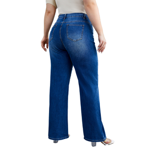 Pantalones Vaqueros Casuales de Talle Grande de Alta Calidad, Cintura Alta, Azul Oscuro, Rectos, Elásticos, de Pierna Ancha, para Verano, Buen Precio, para Mamás - Product Image 4