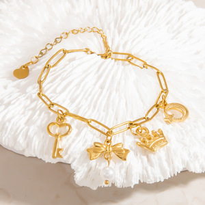 Fashion Charm Bracelet Zinc Alloy 18K Gold Plated Crown Key <b>Bow</b> Pendant Women's Jewelry <b>Gift</b> Yiwu Origin Texture Design - Product Image 3