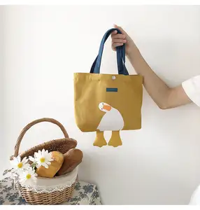 Wholesale Recycled Reusable Cute Hanging Leg Duck Funny Canvas Tote Bag Yellow Women's Cotton Shopping Bag With Inner Pocket