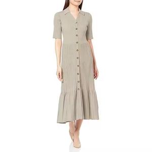 Vestido de Punto Acanalado Sólido Casual de Verano para Mujer, Manga Corta, Estilo Polo, Patchwork, Ecológico, Antiarrugas, Transpirable y Lavable - Product Image 1