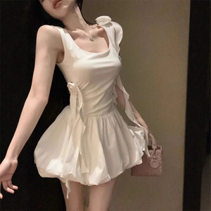 White Halter Neck Vest <b>Dress</b> For Women <b>Elastic</b> Waist A Line Skirt Breathable Daily Casual Style - Product Image 4
