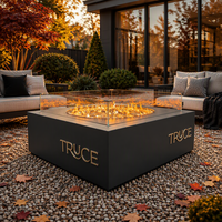 Table de feu carrée en acier au carbone pour patio et jardin, avec allumage à distance et pare-vent en verre, personnalisable
