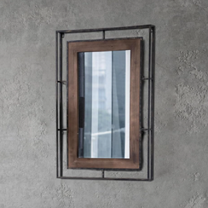 Rustic <strong>Industrial</strong> <strong>Wall</strong> <strong>Mirror</strong> with Wooden Inner Frame and Black Metal Grid Outer Frame for Farmhouse and Loft Decoration - Product Image 4