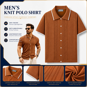 Camisa de <span class=keywords><strong>Hombre</strong></span> 100% Viscosa Hecha a Mano con Crochet, Estilo Vintage con Botones, Manga Corta, Tejido Espigado, Tipo Polo - Product Image 1