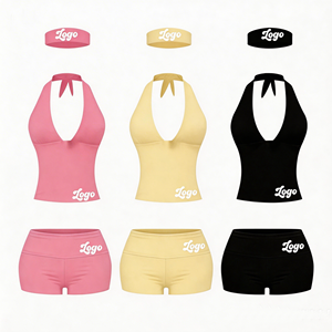 Completo Estivo Personalizzato per Donna: Top Corto in <span class=keywords><strong>Cotone</strong></span> Modal con Lacci e Pantaloncini da Palestra Pieghevoli, Set Due Pezzi - Product Image 2