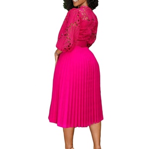 Venta al por mayor Otoño Ropa de mujer americana Vestido de encaje de ganchillo Vestido plisado Tallas grandes Manga larga Vestidos de noche de Iglesia blancos - Product Image 4