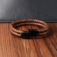 Minimaliste En Acier Inoxydable Fermoir Magnétique Marron Hommes En Cuir Véritable Tressé Double Couche Bracelet Bijoux Pour Hommes Cadeau