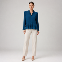 Chemisier plissé de luxe minimaliste vert sarcelle pour femme, col en V, volants, peplum, manches longues, chemise plissée, tenue de bureau, vente en gros, boutique personnalisée