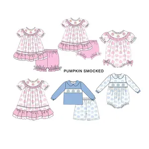 Puresun neueste kinderkleidung halloween smocked kinderkleidung pink 100% baumwolle baby mädchen outfit mit kürbis stickerei