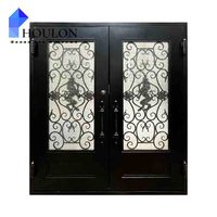 Ensemble de portes en fer forgé de style traditionnel avec panneaux en verre transparent et motif de volutes symétriques