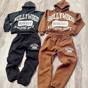 Custom Distressed <b>Embroidery</b> Logo Streetwear Tracksuits Two Piece Sets Heavyweight Sweat Suit Straight Sweatpants and Hoodie Set - Product Image 1