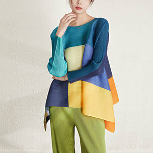 Camiseta holgada plisada de manga larga con cuello redondo para mujer de talla grande, nuevo diseño de moda de Miyake, Jersey superior a juego de colores a cuadros 100% - Product Image 4