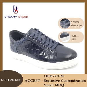 Luxury Navy Blue <b>Leather</b> Sneakers for <b>Men</b>, Handcrafted Embossed Casual <b>Trainers</b> with Comfortable Insole - Product Image 2