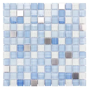 Azulejo de mosaico de acero inoxidable cepillado pintado a mano mosaicos de pared de Baño azul y blanco de vidrio metálico