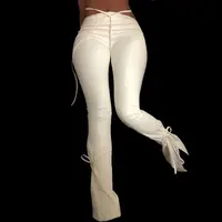 กางเกงผู้หญิงหนัง Pu ทรงบานยาวสีขาว,กางเกงขายาวผู้หญิงฤดูใบไม้ร่วง2021