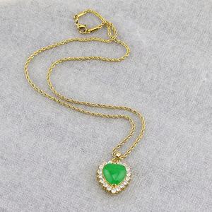 Chaîne en acier inoxydable plaqué or 18 carats NZ1490 avec chaîne en corde pavée de CZ, couleur jade vert aquamarine, cœur avec inscription chinoise de bénédiction, bon fu - Product Image 2