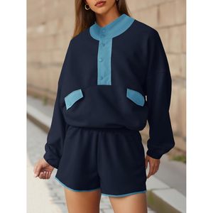 Conjunto Deportivo de 2 Piezas para Mujer Fisoew, Sudadera Casual con Botones y Bloques de Color, con Pantalones Cortos, Atuendo Otoñal, Estilo Transpirable - Product Image 2