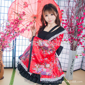 Maid Outfit Cosplay Costume Japanese Style Courtesan Modified Kimono Red And Black Polyester Fiber For Performance - Product Image 4
