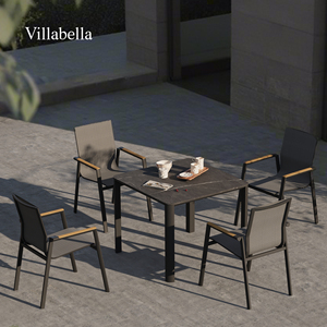 Ensemble <span class=keywords><strong>de</strong></span> salle à manger d'extérieur moderne 5 pièces avec table <span class=keywords><strong>et</strong></span> chaises <span class=keywords><strong>de</strong></span> <span class=keywords><strong>jardin</strong></span> <span class=keywords><strong>en</strong></span> <span class=keywords><strong>aluminium</strong></span> <span class=keywords><strong>et</strong></span> assise <span class=keywords><strong>en</strong></span> toile, accoudoirs <span class=keywords><strong>en</strong></span> teck, pour cour <span class=keywords><strong>et</strong></span> patio - Product Image 1