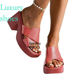 Pantoufles hautes pour femmes croisées ouvertes bout carré chaussures de mode manteau assorti complet talon épais - Product Image 6