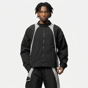Men's Black Windproof <b>Racer</b> <b>Jacket</b> With Gray Color Blocking Zipper Closure Stand Collar Sporty Style Autumn Wear - Product Image 1