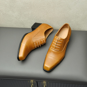 Zapatos de Cuero para Hombre, Estilo Británico, de Primera Capa de Piel de Vaca, con Punta Cuadrada y Tacón Alto, Color Marrón Premium, que Aumentan la Estatura - Product Image 2