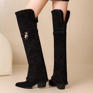 Bottes hautes pour femme en daim et fourrure, avec fermeture à boucle métallique, taille 46, talons épais, style pantalon long pliable - Product Image 2