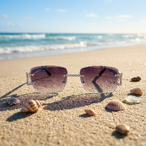 Lunettes de soleil rectangulaires sans monture, verres antireflets, protection UV, style luxueux, unisexe adulte, rose/vert, mode plage - Product Image 1