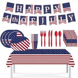 Custom 4th of July American Flag Party Supplies Set - <b>Disposable</b> Plates, Napkins, Cups, <b>Tablecloth</b> & Banner Set - Product Image 2