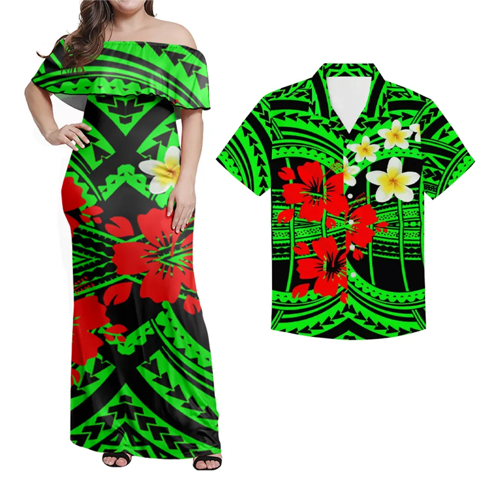 Grüne polynesische hawaiian ische Stammes-Druck Frauen Kleid Mode Paar Kleidung Rüschen One Shoulder Dress Match Shirts