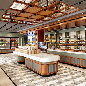 Vitrine ou comptoir de présentation pour pain, pâtisserie et gâteaux avec éclairage, en fer et bois combinés, pour centre commercial et boulangerie - Product Image 1