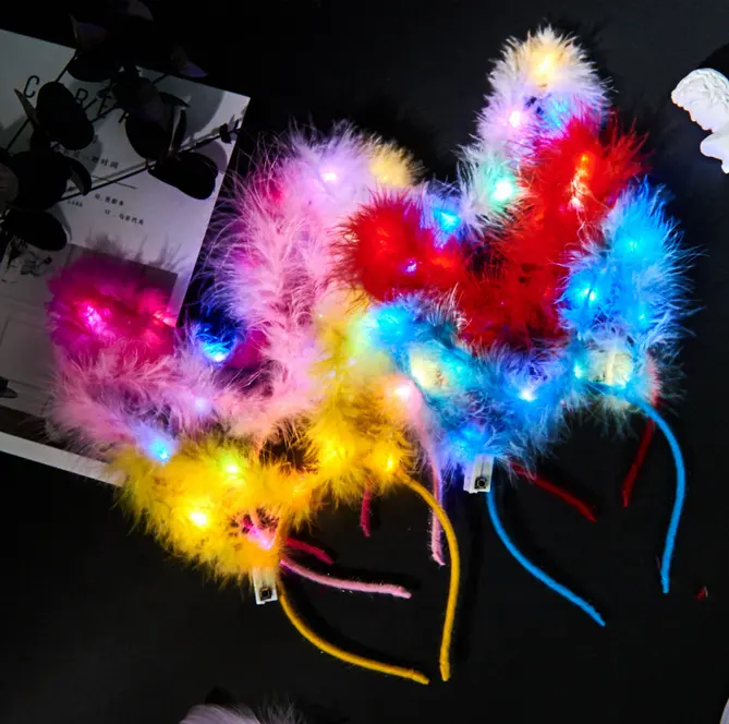Bandeau en peluche 2023 LED oreilles de lapin plumes bandeau de cheveux lumineux pour enfants faveur de fête