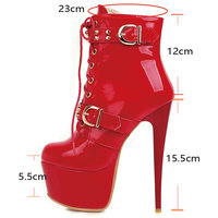 Bottines d'hiver pour femmes, à fermeture éclair, couleur unie, talons très hauts, bout en cuir verni, noir, blanc, rouge, chaussures de club, grande taille 48