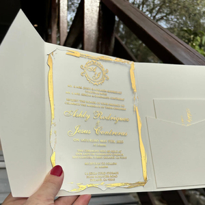 Edles Acryl Hochzeitseinladungs-Komplettset mit Tasche, Goldfolien-Acryleinladung, Luxuriöse Schwarze Einstecktaschen-Einladung - Product Image 2