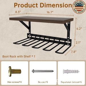 <b>Wall</b>-mounted solid wood <b>shoe</b> <b>rack</b> with storage shelf and garden tool organizer; multi-functional boot <b>rack</b>; outdoor waterproof - Product Image 4