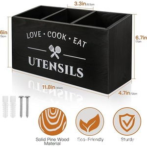 Boîte de rangement pour ustensiles de cuisine en bois, organisateur de table en bois massif, support multifonction pour ustensiles de cuisine - Product Image 4