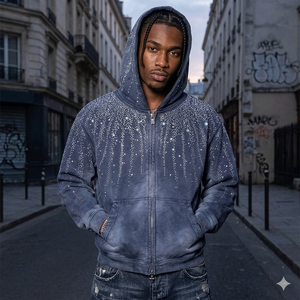 Sudadera con Capucha para Hombre, Marca de Ropa Personalizada OEM, 100% Algodón, Lujosa, con Cierre Completo, Decorada con Pedrería, Estilo Y2K - Product Image 2