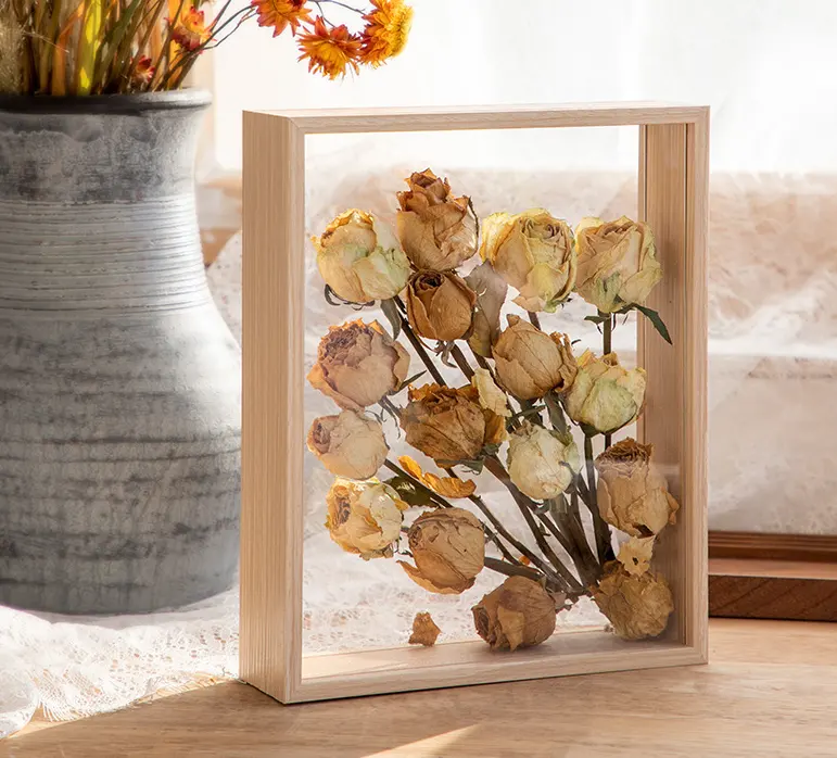 मेज सजावट दबाया फूल सूखे पत्ती प्रदर्शन भंडारण बॉक्स के साथ एक्रिलिक लकड़ी छाया बॉक्स फ्रेम ग्लास थोक