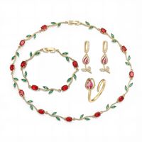 Ensemble de bijoux vintage en cuivre pour femmes, cristal, strass, plaqué or, design de fleur de tulipe, collier/boucles d'oreilles/bague/bracelet
