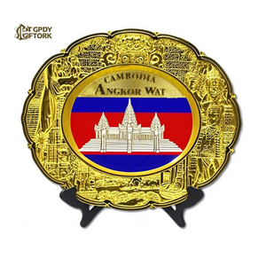Vintage cambogia Angkor Wat <span class=keywords><strong>tempio</strong></span> oro metallo magnete frigo bellissimo piatto Souvenir per la visualizzazione artigianale in metallo - Product Image 1