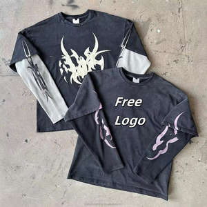Logo personnalisé double couches chemise à manches longues thermique rue porte sérigraphie pull t-shirts vêtements de luxe brut Boxy hommes t-shirt - Product Image 4